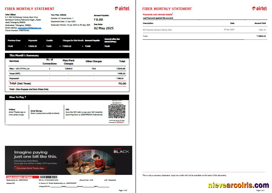 India Airtel utility bill, 2 pages, version 4